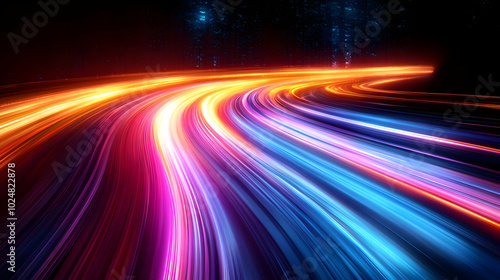 Vibrant light trails winding through a dark forest setting.