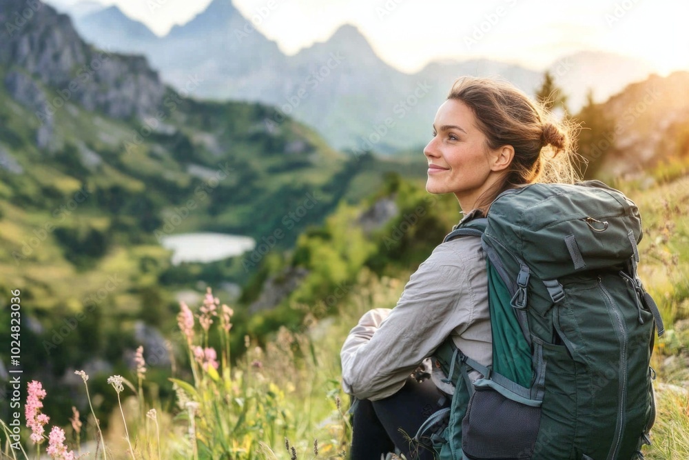 Naklejka premium Woman enjoying mountain view on a hiking adventure in serene landscape