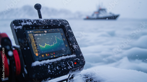 Modern fishing echo sounder installed on ice photo