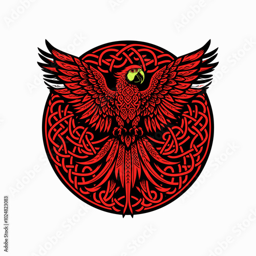 A Viking parrot rendered in intricate Celtic knotwork with bold gold tones. This artwork is ideal for those seeking a mix of Viking culture, wildlife art, and Celtic symbolism for tattoos, posters