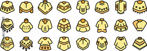 Mexican poncho icons set. Outline set of mexican poncho vector icons thin line color flat on white background