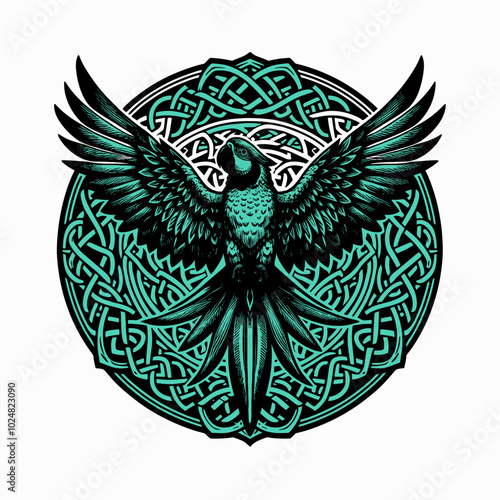 A legendary Viking parrot depicted in detailed Celtic knotwork and gold tones. This artwork is perfect for decorative art, tattoo designs, or mythological projects.
