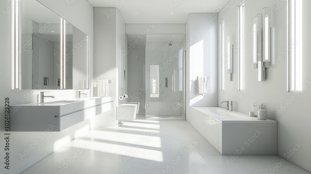 Modern white bathroom with large windows, a bathtub, a shower, two sinks, and a toilet. Modern white bathroom with large windows, a bathtub, a shower, two sinks, and a toilet.