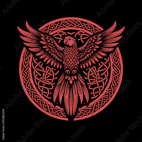 A detailed Viking parrot illustration featuring intricate Celtic knotwork and gold tones. This design merges the elegance of parrot symbolism with Viking culture, making it ideal for decorative art