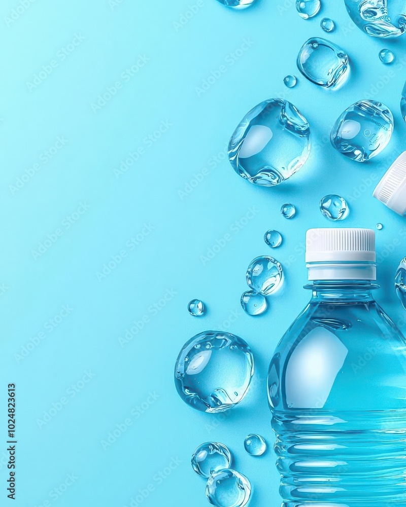 Water bottle with bubbles, blue background Water bottle with bubbles, blue background