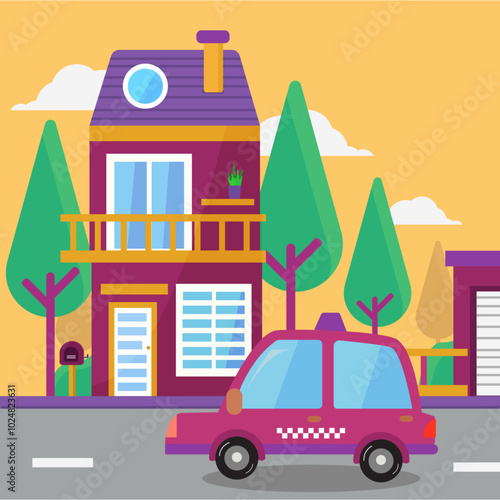 car on the street building house