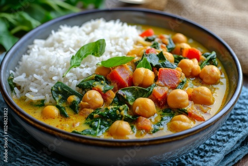 A colorful vegan curry with coconut milk, chickpeas, and spinach served with jasmine rice