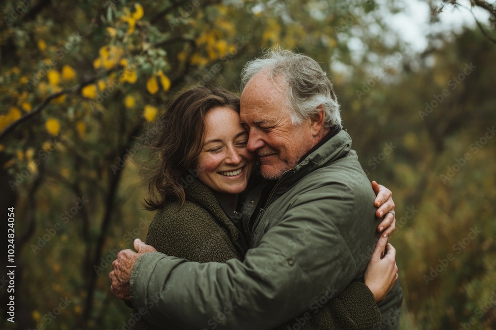 Warm embrace of joyful elderly couple in autumn forest setting Warm embrace of joyful elderly couple in autumn forest setting