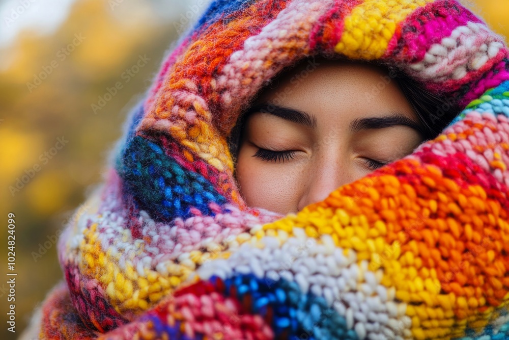 Cozy autumn portrait with vibrant knit scarf and peaceful expression Cozy autumn portrait with vibrant knit scarf and peaceful expression