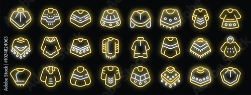 Set of neon poncho icons showing different styles of traditional south american clothing with bright vivid colors on a black background