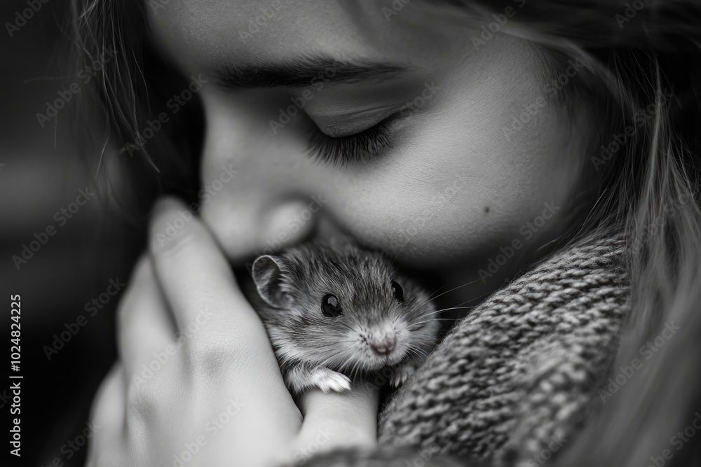 Tender moment between young woman and her pet hamster captured in black and white Tender moment between young woman and her pet hamster captured in black and white