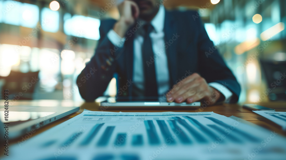 Focused businessman at desk with financial documents and laptop displaying earnings reports, conveying determination and attention to financial data analysis. Focused businessman at desk with financial documents and laptop displaying earnings reports, conveying determination and attention to financial data analysis.