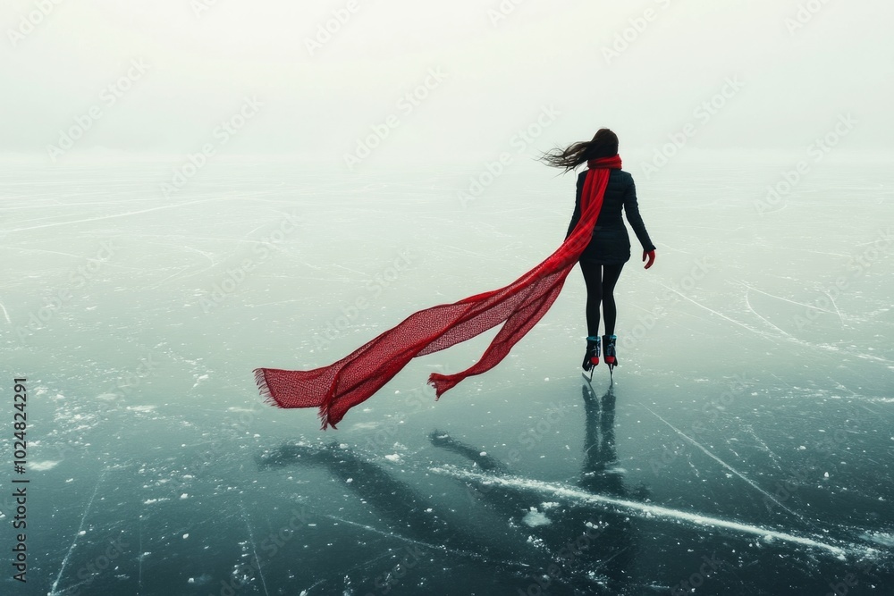 Graceful ice skater with flowing red scarf on winter lake Graceful ice skater with flowing red scarf on winter lake
