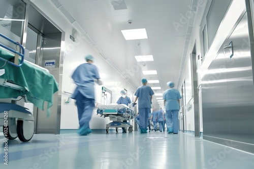 Blurred figures of people with medical uniforms in hospital corridor