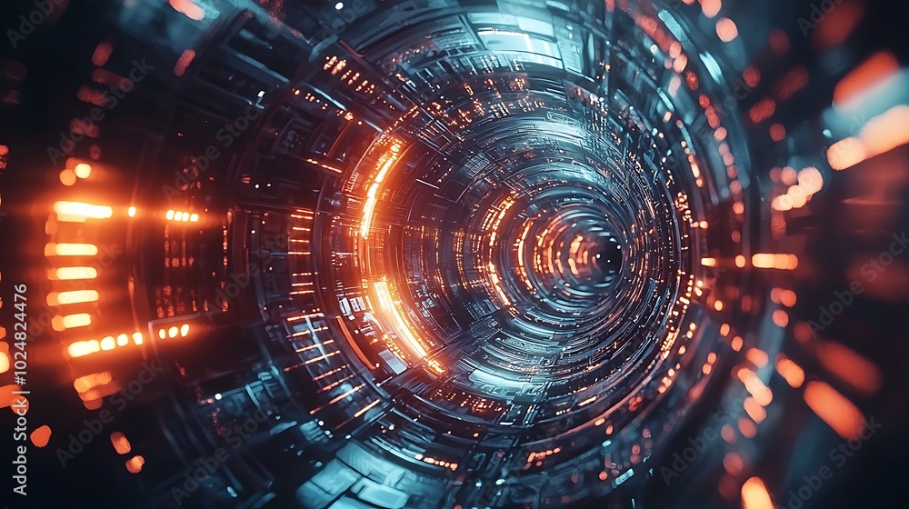 Obraz premium Futuristic Technology Tunnel with Glowing Orange Lights Abstract 3D Background