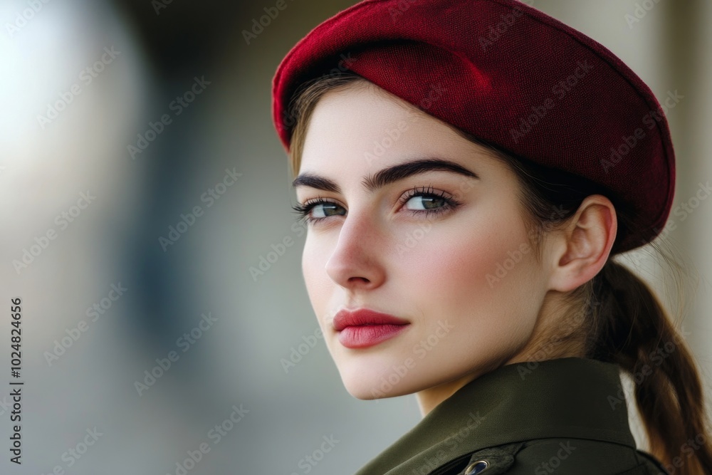 Elegant woman in red beret looking confidently at the camera