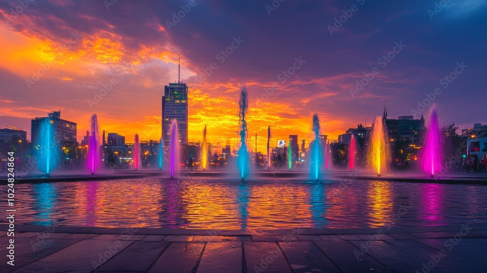 A colorful fountain display in a city park at dusk, with a skyscraper in the background. A colorful fountain display in a city park at dusk, with a skyscraper in the background.