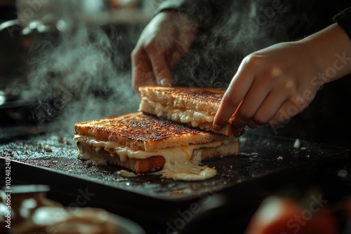 Hands grilling cheesy sandwiches with steam in cozy kitchen atmosphere