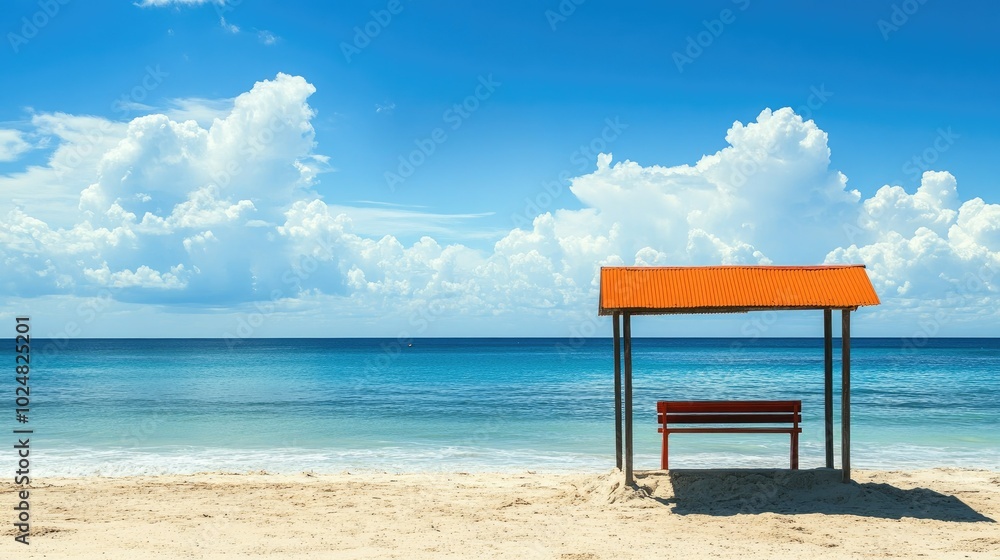 Empty beach cabana on a tropical shoreline, with space for text in the sky Empty beach cabana on a tropical shoreline, with space for text in the sky