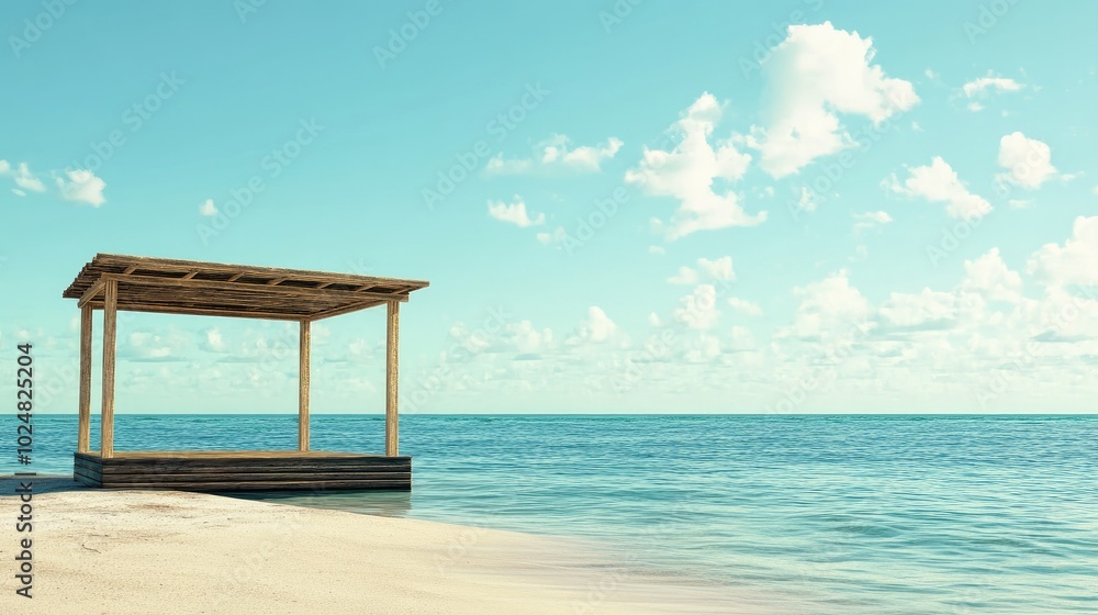 Empty beach cabana on a tropical shoreline, with space for text in the sky Empty beach cabana on a tropical shoreline, with space for text in the sky