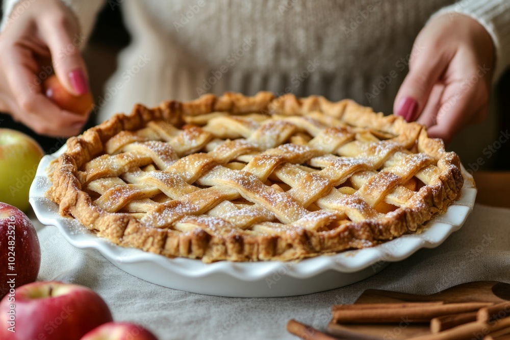 Homemade apple pie with lattice crust and cinnamon garnish in rustic setting Homemade apple pie with lattice crust and cinnamon garnish in rustic setting