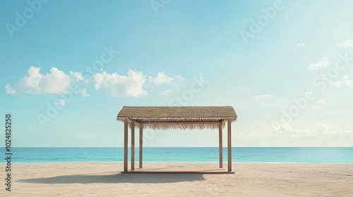 Empty beach cabana on a tropical shoreline, with space for text in the sky