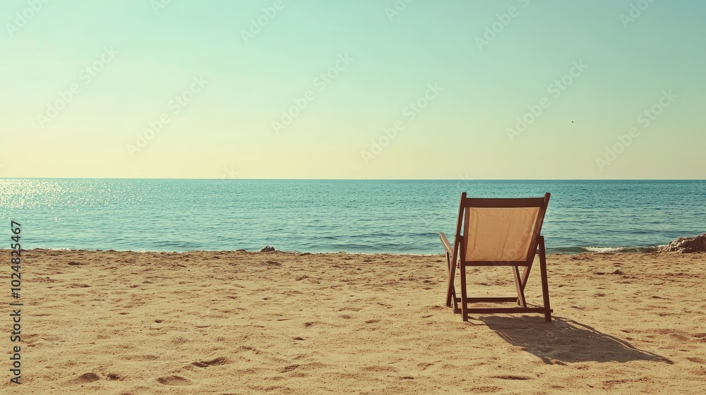 Empty beach chair facing the sea on a sunny summer day, with room for copy Empty beach chair facing the sea on a sunny summer day, with room for copy