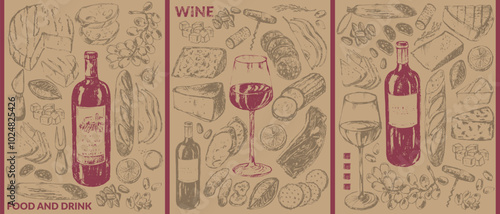 Vector wine poster set. Wine bottle, glass, snack, cork, corkscrew, grape, cheese, bread