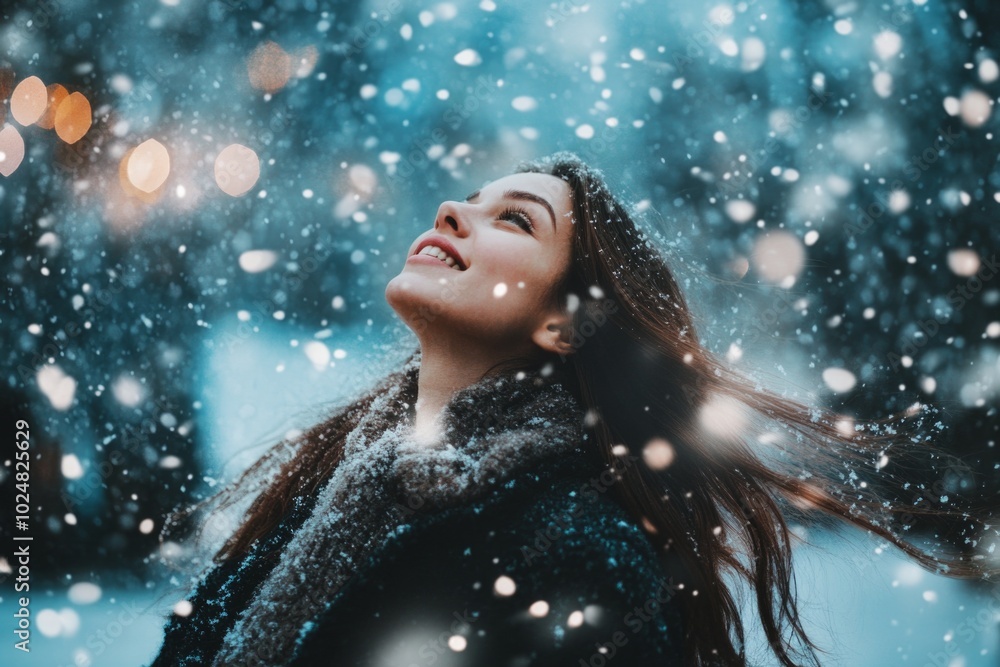 Joyful woman enjoying winter wonderland amid falling snowflakes