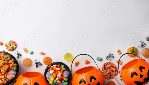 halloween trick or treat bottom border with jack o lantern pails and a variety of candy top view on a white banner background with copy space
