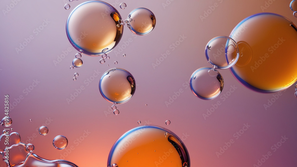 Oil and Water Bubbles on Colorful Vibrant Bright Orange and Purple Gradient Background, Minimalistic Macro Close-up Backdrop Oil and Water Bubbles on Colorful Vibrant Bright Orange and Purple Gradient Background, Minimalistic Macro Close-up Backdrop