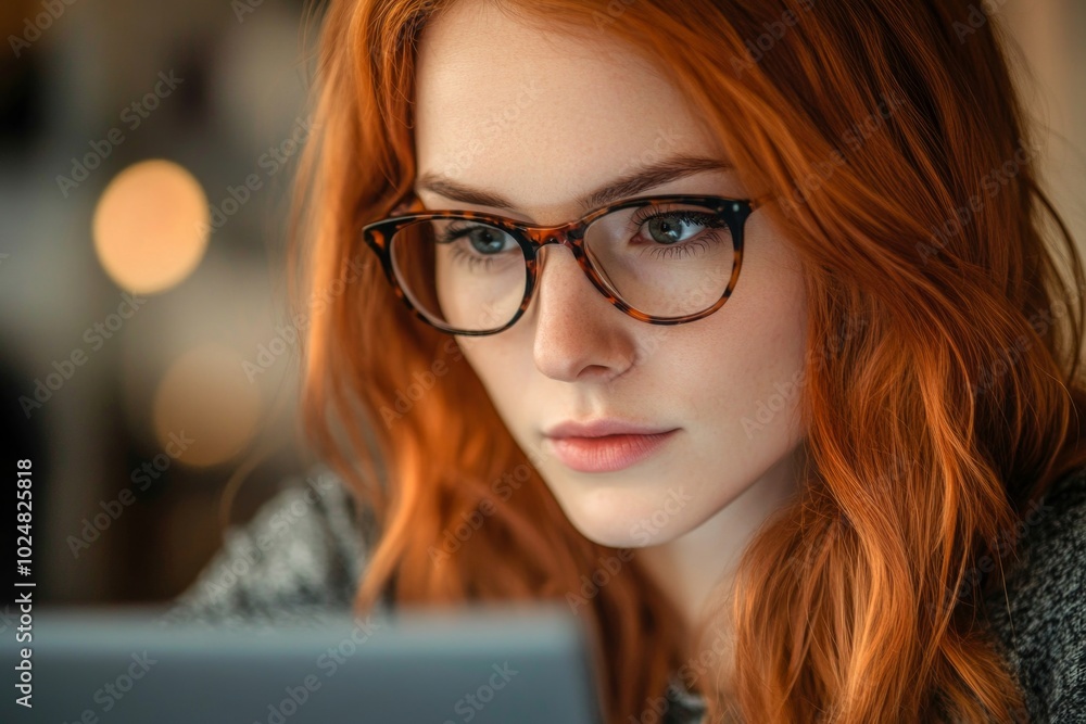 Focused young woman with glasses intensely working on a laptop at home Focused young woman with glasses intensely working on a laptop at home