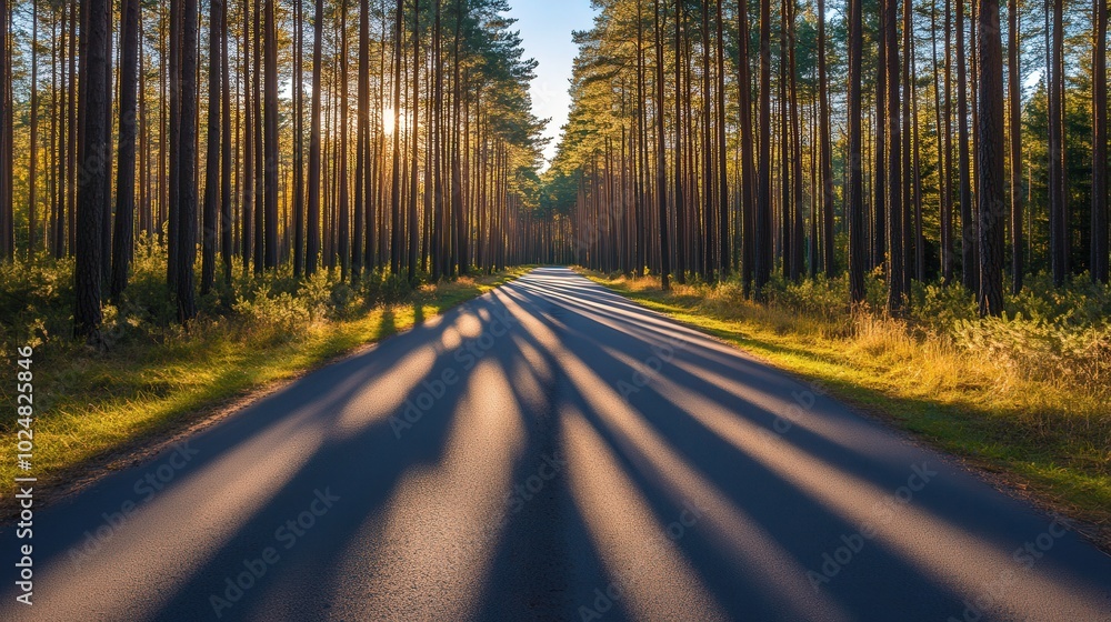 Fototapeta premium Artistic pathway through a serene pine forest, tall trees casting intricate shadows that create captivating patterns on the ground, inviting exploration and reflection.