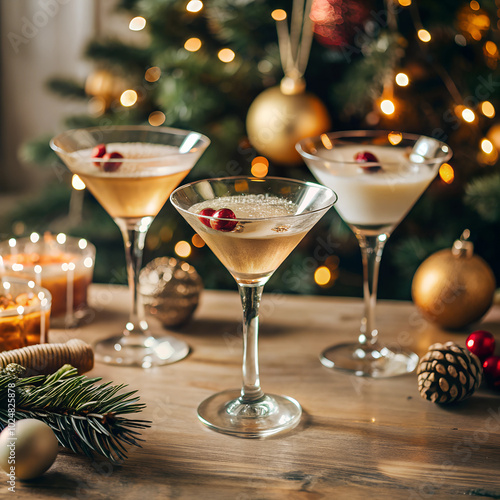 Glasses of cocktails with Christmas decoration on bokeh lights background	