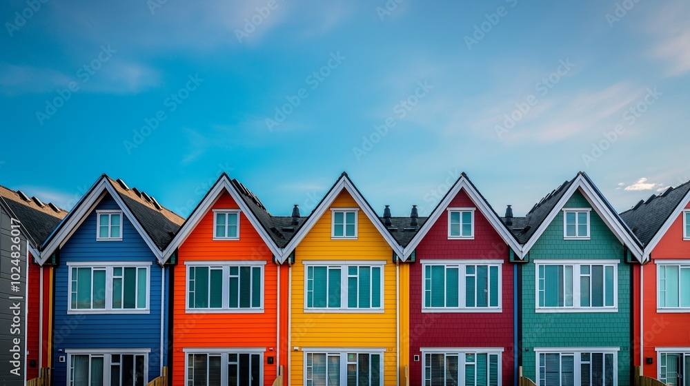 row of colorful houses, their windows glowing row of colorful houses, their windows glowing
