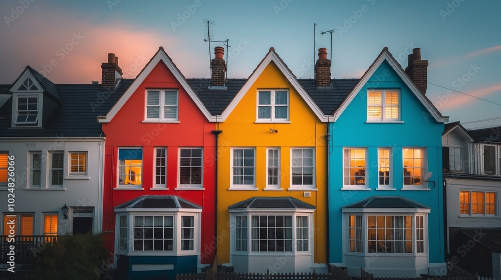 row of colorful houses, their windows glowing row of colorful houses, their windows glowing