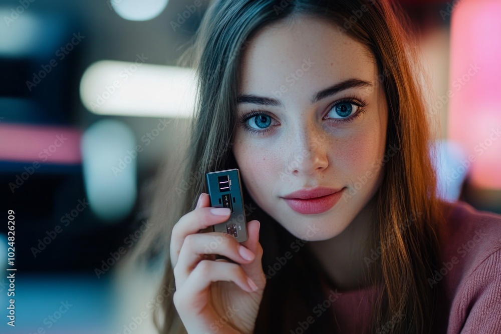 Woman holding usb device in tech-savvy environment Woman holding usb device in tech-savvy environment