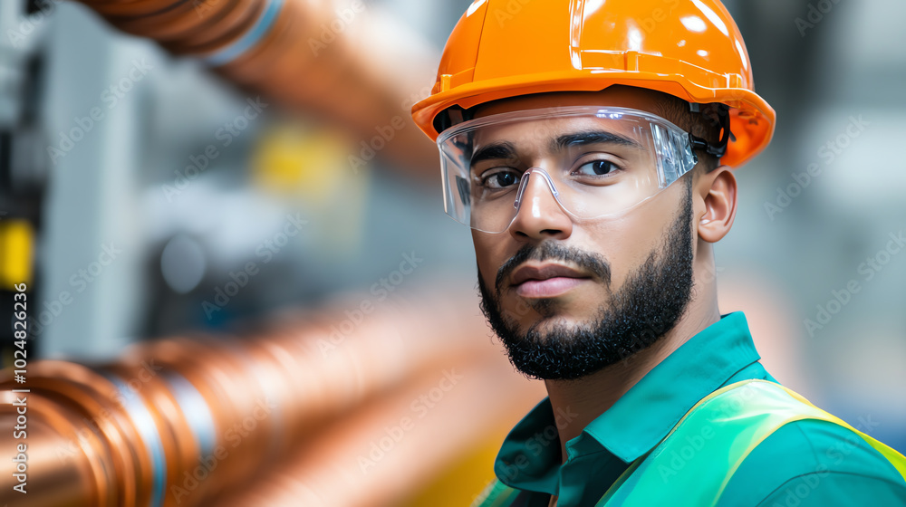Focused worker in safety gear stands beside industrial machinery. Bright orange hard hat and protective eyewear highlight commitment to safety in a manufacturing environment.