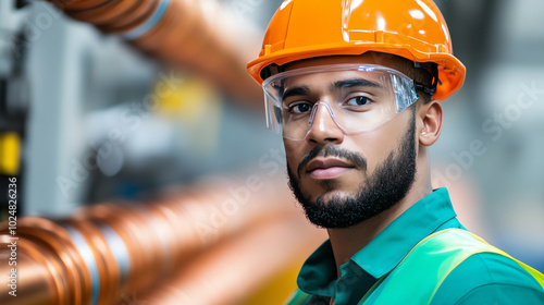 Obraz na płótnie Focused worker in safety gear stands beside industrial machinery. Bright orange hard hat and protective eyewear highlight commitment to safety in a manufacturing environment. w salonie