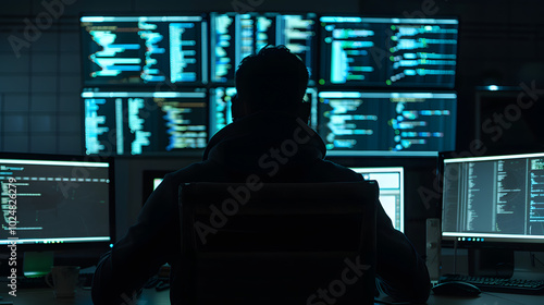 Hacker in Action: A shadowy figure in a dark room, illuminated only by multiple computer screens displaying code and security breaches