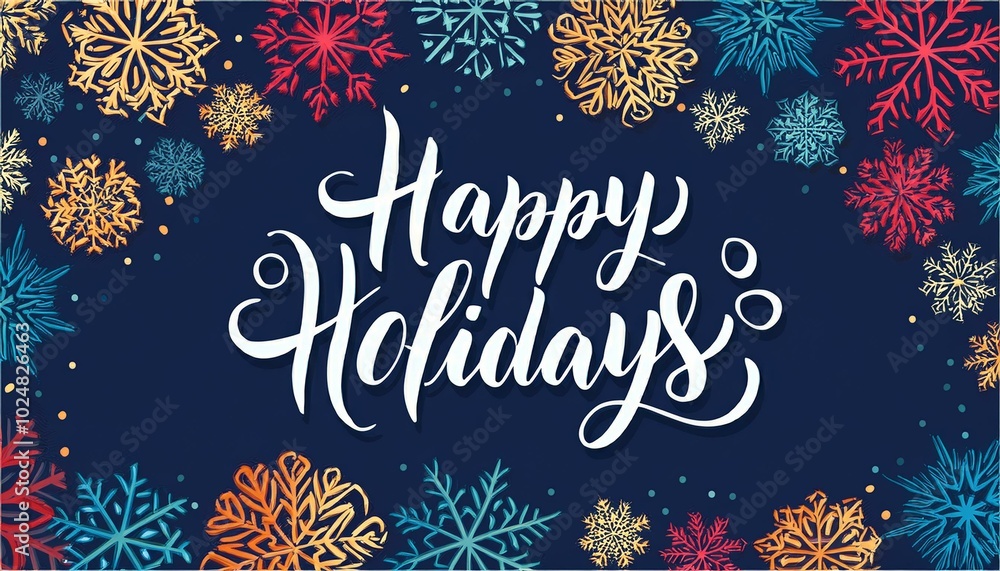 happy holidays calligraphy text with colorful hand drawn snowflakes over dark blue background happy holidays calligraphy text with colorful hand drawn snowflakes over dark blue background