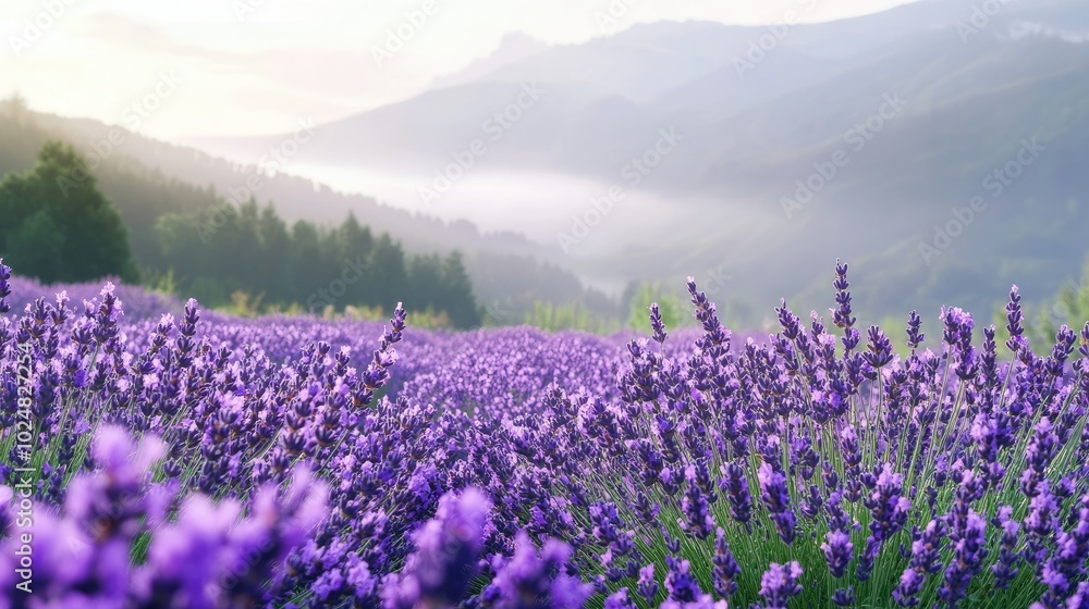 Naklejka premium Lavender fields stretching across the European countryside, leaving space for text in the serene background