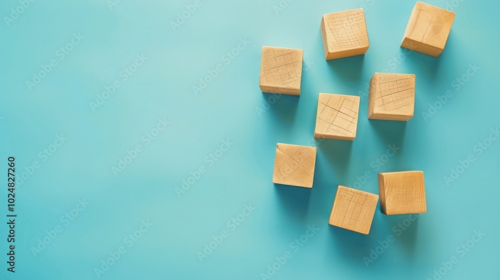 Group of wooden blocks scattered on a blue background. Concept of creativity, building, and playful design. Group of wooden blocks scattered on a blue background. Concept of creativity, building, and playful design.