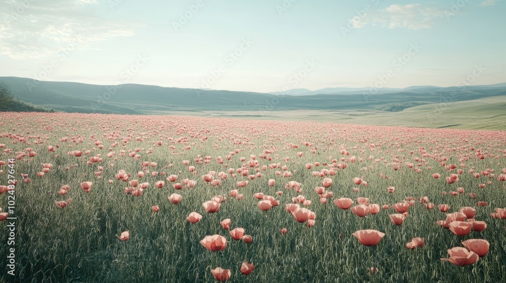 Pink poppies blooming in a European field, with a vast horizon leaving space for text