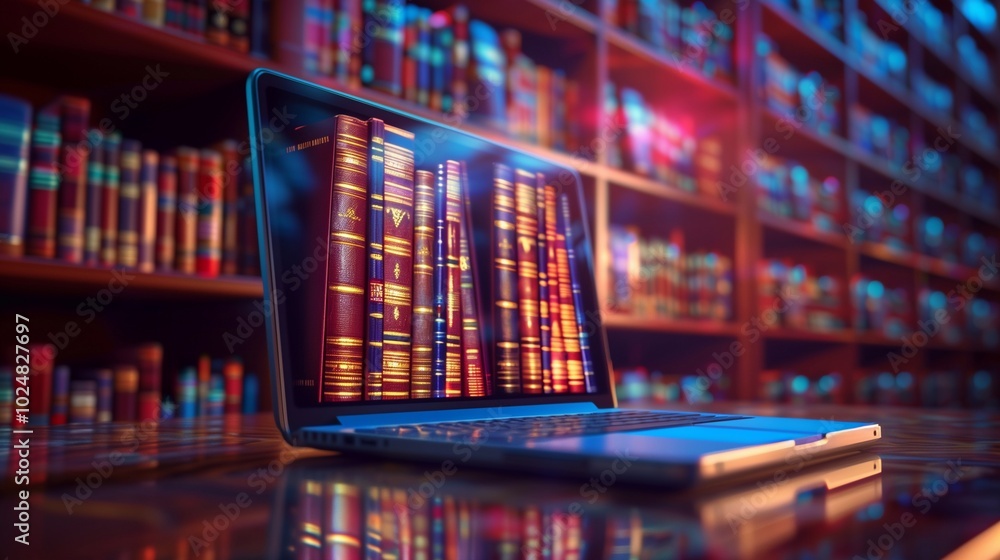 A modern laptop showcases digital books, surrounded by traditional bookshelves filled with various titles in a library setting A modern laptop showcases digital books, surrounded by traditional bookshelves filled with various titles in a library setting