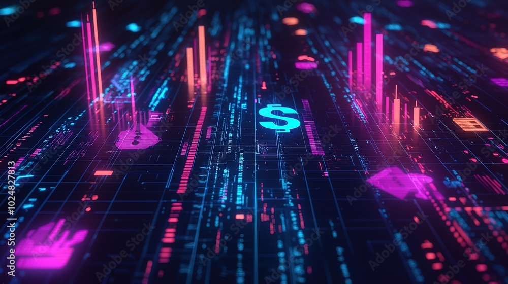 Fototapeta premium A vibrant digital landscape showcasing financial symbols, data visualizations, and colorful graphs, representing the intersection of technology and finance.