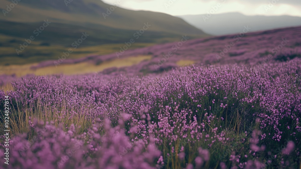 Naklejka premium Purple heather fields stretching across the European landscape, with ample space for text