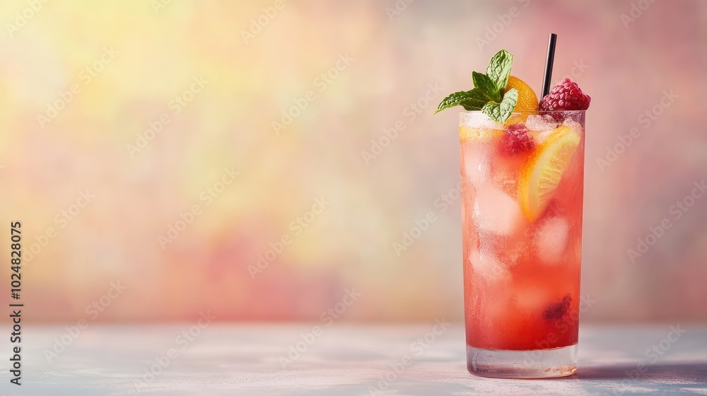 Naklejka premium Refreshing summer cocktail with fruits, leaving space for copy in the background