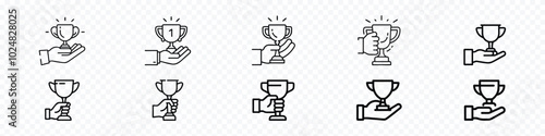 Hand holding trophy icon. trophy cup vector icon set. Trophy icon. Trophy cup, winner cup, victory cup icon. Reward symbol sign