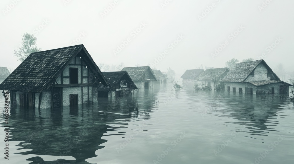 Submerged houses in a flood-affected area, leaving space for copy or branding Submerged houses in a flood-affected area, leaving space for copy or branding